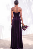 Burgundy Strapless Ruched A-Line Velvet Long Bridesmaid Dress with Slit