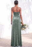 Burgundy Strapless Ruched A-Line Velvet Long Bridesmaid Dress with Slit