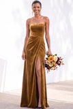 Burgundy Strapless Ruched A-Line Velvet Long Bridesmaid Dress with Slit