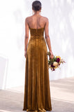 Burgundy Strapless Ruched A-Line Velvet Long Bridesmaid Dress with Slit