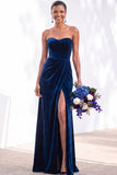 Burgundy Strapless Ruched A-Line Velvet Long Bridesmaid Dress with Slit