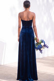 Burgundy Strapless Ruched A-Line Velvet Long Bridesmaid Dress with Slit