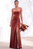 Burgundy Strapless Ruched A-Line Velvet Long Bridesmaid Dress with Slit