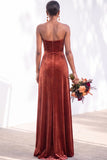 Burgundy Strapless Ruched A-Line Velvet Long Bridesmaid Dress with Slit