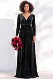 Black Velvet Ruched V-Neck A-Line Long Bridesmaid Dress with Long Sleeves
