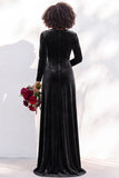 Black Velvet Ruched V-Neck A-Line Long Bridesmaid Dress with Long Sleeves