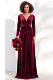 Black Velvet Ruched V-Neck A-Line Long Bridesmaid Dress with Long Sleeves