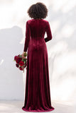 Black Velvet Ruched V-Neck A-Line Long Bridesmaid Dress with Long Sleeves