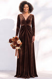 Black Velvet Ruched V-Neck A-Line Long Bridesmaid Dress with Long Sleeves