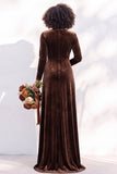 Black Velvet Ruched V-Neck A-Line Long Bridesmaid Dress with Long Sleeves