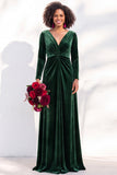 Black Velvet Ruched V-Neck A-Line Long Bridesmaid Dress with Long Sleeves
