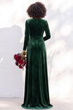 Black Velvet Ruched V-Neck A-Line Long Bridesmaid Dress with Long Sleeves