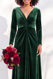Black Velvet Ruched V-Neck A-Line Long Bridesmaid Dress with Long Sleeves