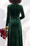 Black Velvet Ruched V-Neck A-Line Long Bridesmaid Dress with Long Sleeves