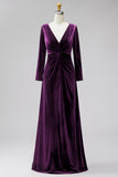 Black Ruched V-Neck A-Line Maxi Velvet Dress with Long Sleeves