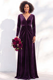 Black Velvet Ruched V-Neck A-Line Long Bridesmaid Dress with Long Sleeves