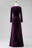 Black Ruched V-Neck A-Line Maxi Velvet Dress with Long Sleeves