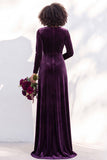 Black Velvet Ruched V-Neck A-Line Long Bridesmaid Dress with Long Sleeves