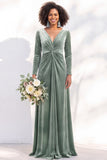 Black Velvet Ruched V-Neck A-Line Long Bridesmaid Dress with Long Sleeves