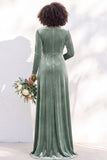 Black Velvet Ruched V-Neck A-Line Long Bridesmaid Dress with Long Sleeves