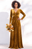 Black Velvet Ruched V-Neck A-Line Long Bridesmaid Dress with Long Sleeves