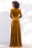 Black Velvet Ruched V-Neck A-Line Long Bridesmaid Dress with Long Sleeves