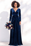 Black Velvet Ruched V-Neck A-Line Long Bridesmaid Dress with Long Sleeves