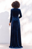 Black Velvet Ruched V-Neck A-Line Long Bridesmaid Dress with Long Sleeves