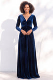 Black Velvet Ruched V-Neck A-Line Long Bridesmaid Dress with Long Sleeves
