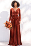 Black Velvet Ruched V-Neck A-Line Long Bridesmaid Dress with Long Sleeves