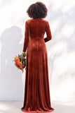 Black Velvet Ruched V-Neck A-Line Long Bridesmaid Dress with Long Sleeves