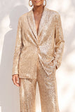 Champagne Sequins Pantsuits Shawl Lapel Long Women Suits