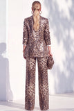 Coffee Leopard Sequins Pantsuits Notched Lapel Long Women Suits with Pockets