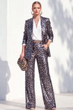 Coffee Leopard Sequins Pantsuits Notched Lapel Long Women Suits with Pockets