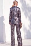 Coffee Leopard Sequins Pantsuits Notched Lapel Long Women Suits with Pockets