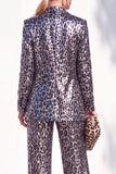 Coffee Leopard Sequins Pantsuits Notched Lapel Long Women Suits with Pockets