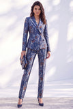 Dark Blue Printed Fitted Peak Lapel Long Women Suits