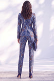 Dark Blue Printed Fitted Peak Lapel Long Women Suits