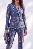Dark Blue Printed Fitted Peak Lapel Long Women Suits