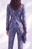Dark Blue Printed Fitted Peak Lapel Long Women Suits