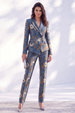 Dark Blue Printed Fitted Peak Lapel Long Women Suits
