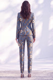 Dark Blue Printed Fitted Peak Lapel Long Women Suits