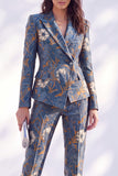 Dark Blue Printed Fitted Peak Lapel Long Women Suits