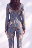 Dark Blue Printed Fitted Peak Lapel Long Women Suits