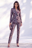 Dark Blue Printed Fitted Peak Lapel Long Women Suits