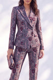 Dark Blue Printed Fitted Peak Lapel Long Women Suits