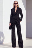 Vintage Black Floral Printed Peak Lapel Long Women Suits