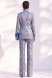 Blue Floral Print Notched Lapel Long Women Suits