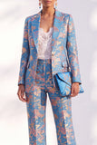 Blue Floral Print Notched Lapel Long Women Suits