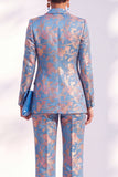 Blue Floral Print Notched Lapel Long Women Suits
